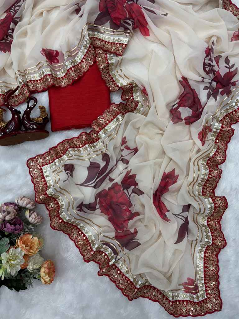 SOFT GEORGETTE FLORAL PRINT WITH GOTA PATTI LACE BORDER SAREE AT WHOLESALE PRICE 