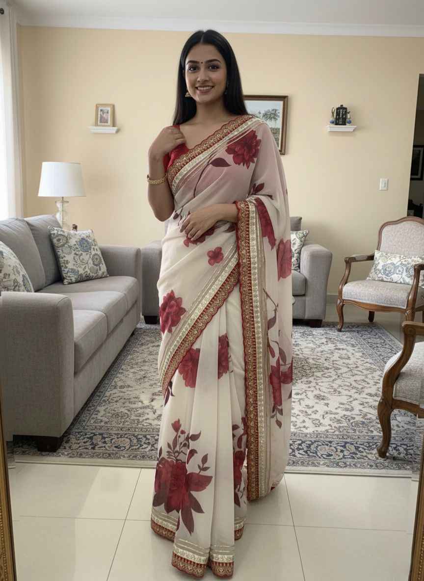 SOFT GEORGETTE FLORAL PRINT WITH GOTA PATTI LACE BORDER SAREE AT WHOLESALE PRICE 