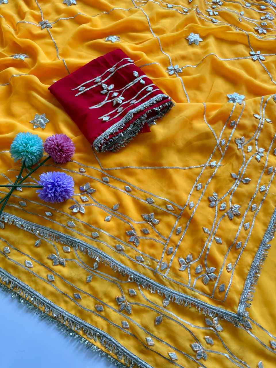  SOFT GEORGETTE HEAVY KACHHI GOTA WORK SAREE AT WHOLESALE PRICE   