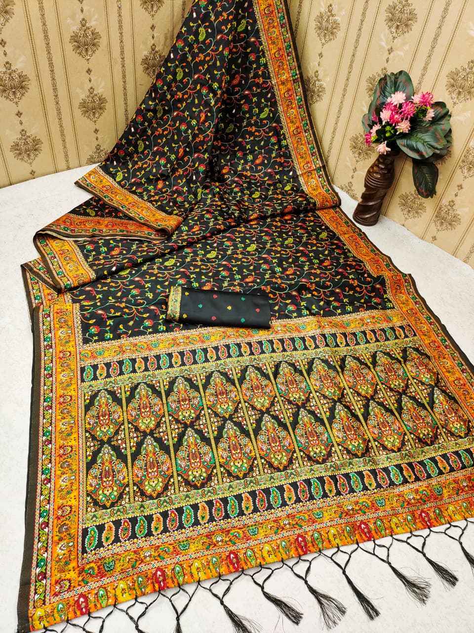 SOFT KASHMIRI PASHMINA SILK MEENA WEAVING SAREE AT WHOLESALE PRICE 