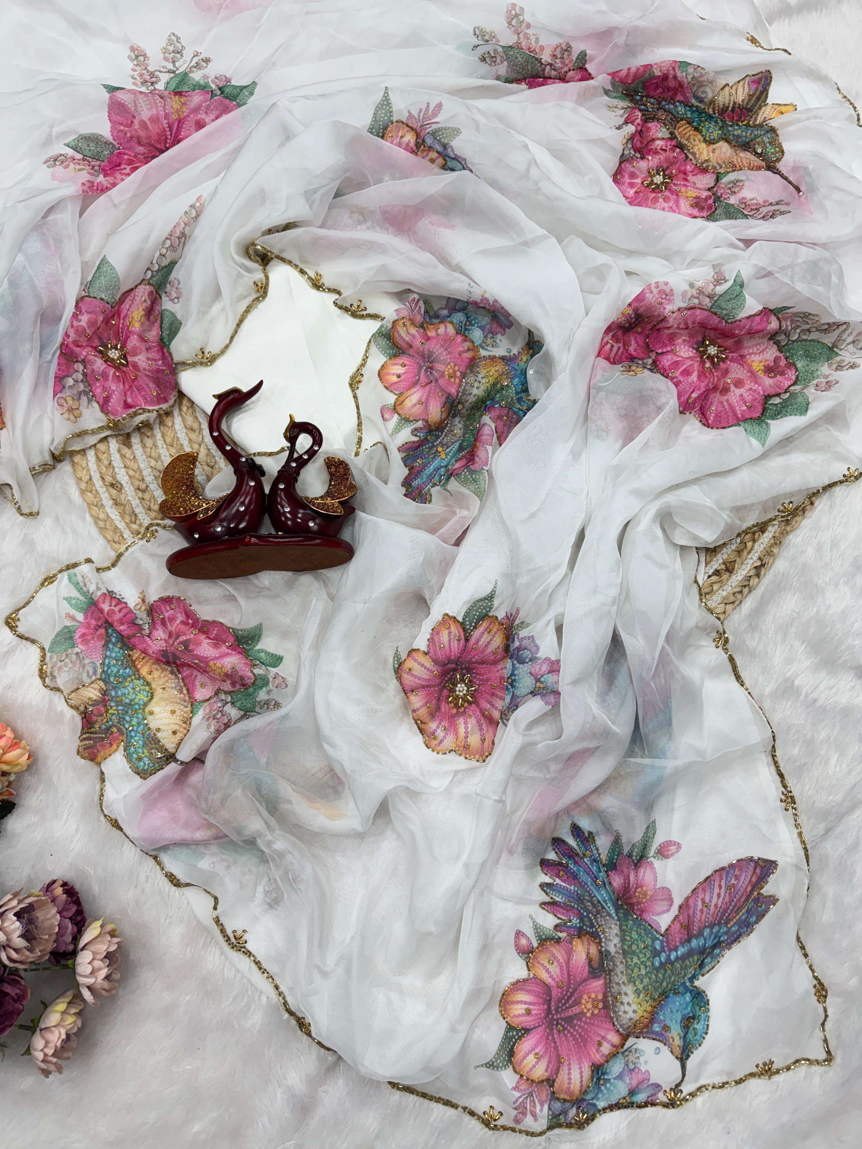 SOFT TEBBY SILK FLORAL PRINT WITH KATDANA PEARLS HANDWORK SAREE AT WHOLESALE PRICE