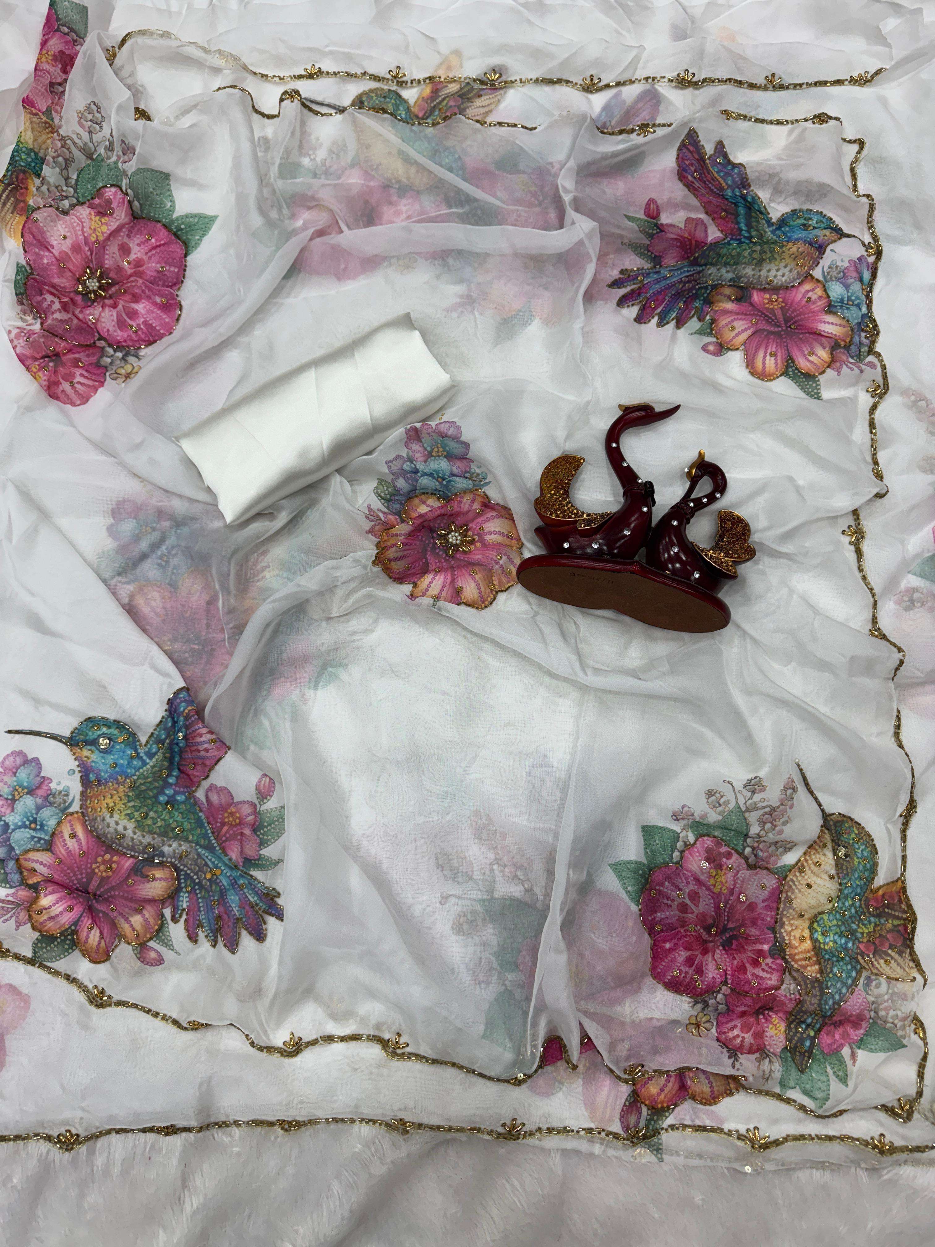 SOFT TEBBY SILK FLORAL PRINT WITH KATDANA PEARLS HANDWORK SAREE AT WHOLESALE PRICE