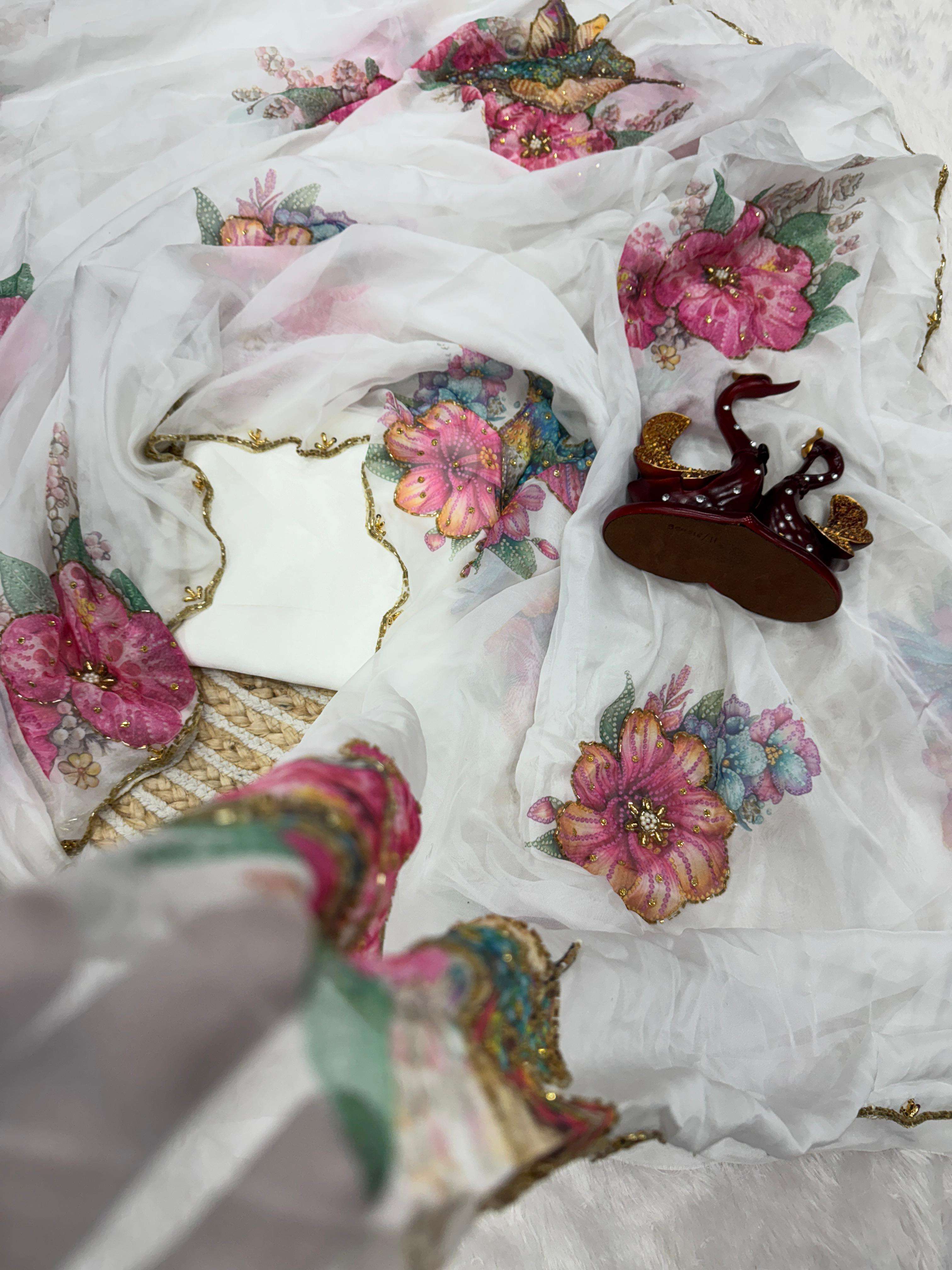 SOFT TEBBY SILK FLORAL PRINT WITH KATDANA PEARLS HANDWORK SAREE AT WHOLESALE PRICE