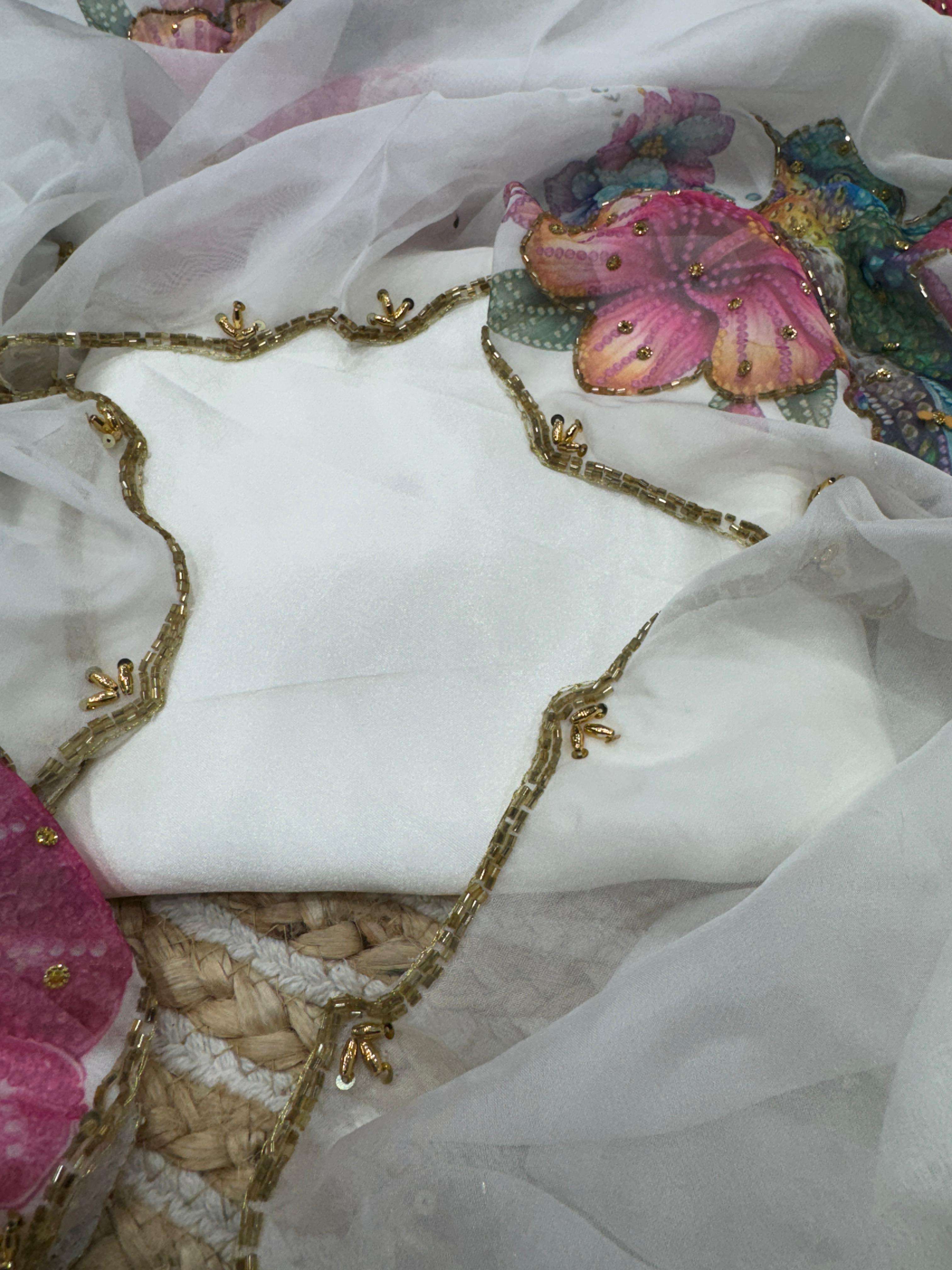 SOFT TEBBY SILK FLORAL PRINT WITH KATDANA PEARLS HANDWORK SAREE AT WHOLESALE PRICE