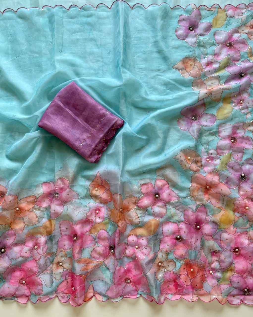 PURE TEBBY SILK  DIGITAL FLOWERS PRINT SEQUENCE WORK SAREE AT WHOLESALE PRICE