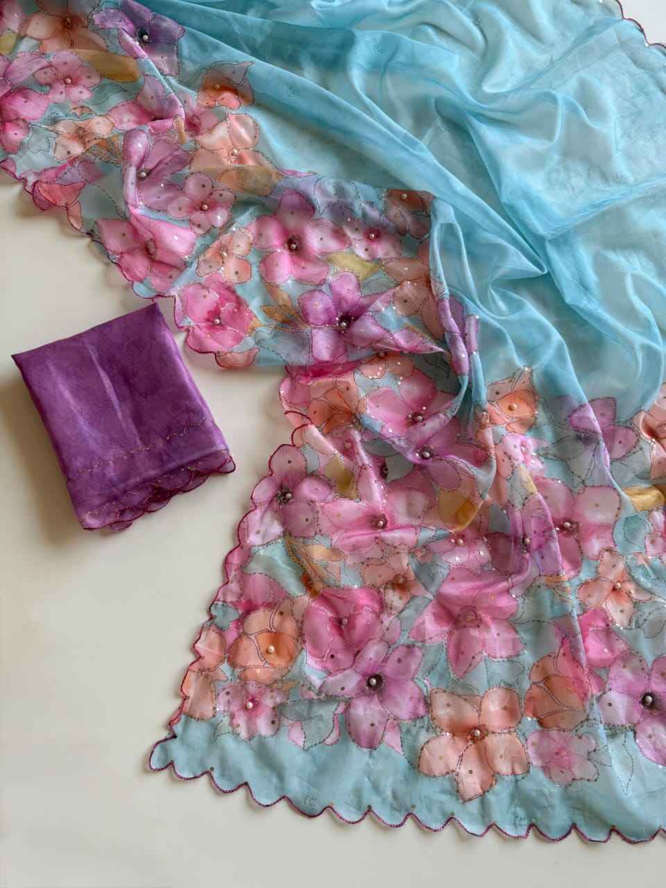 PURE TEBBY SILK  DIGITAL FLOWERS PRINT SEQUENCE WORK SAREE AT WHOLESALE PRICE