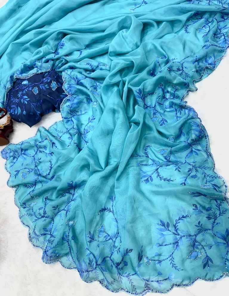 SOFT TEBBY SILK FLORAL PRINT BEADS KATDANA HANDWORK SAREE AT WHOLESALE PRICE