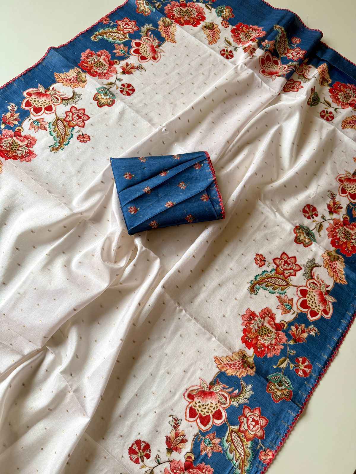 SOFT TUSSER SILK SILVER WEAVING BUTTI FLORAL DIGITAL PRINT SAREE AT WHOLESALE PRICE 