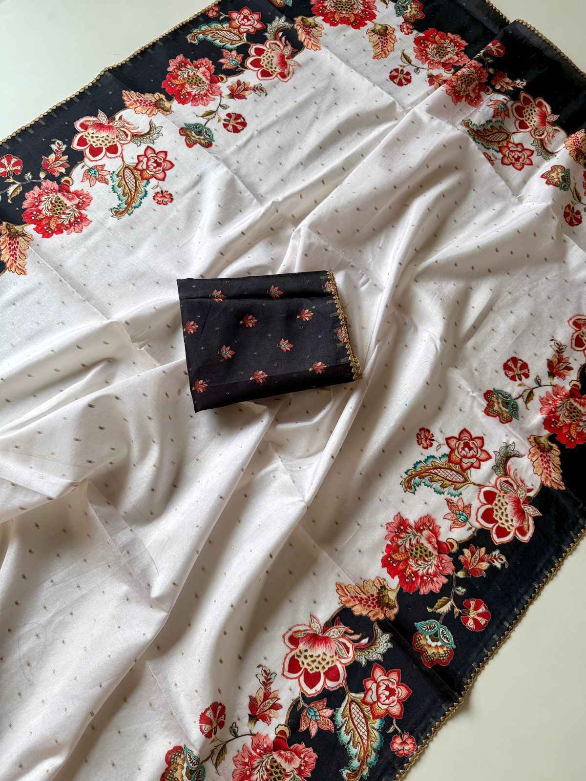 SOFT TUSSER SILK SILVER WEAVING BUTTI FLORAL DIGITAL PRINT SAREE AT WHOLESALE PRICE 