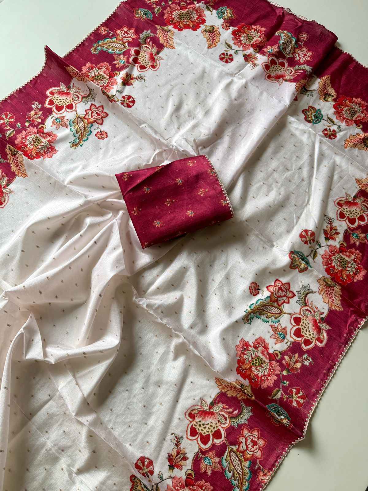 SOFT TUSSER SILK SILVER WEAVING BUTTI FLORAL DIGITAL PRINT SAREE AT WHOLESALE PRICE 