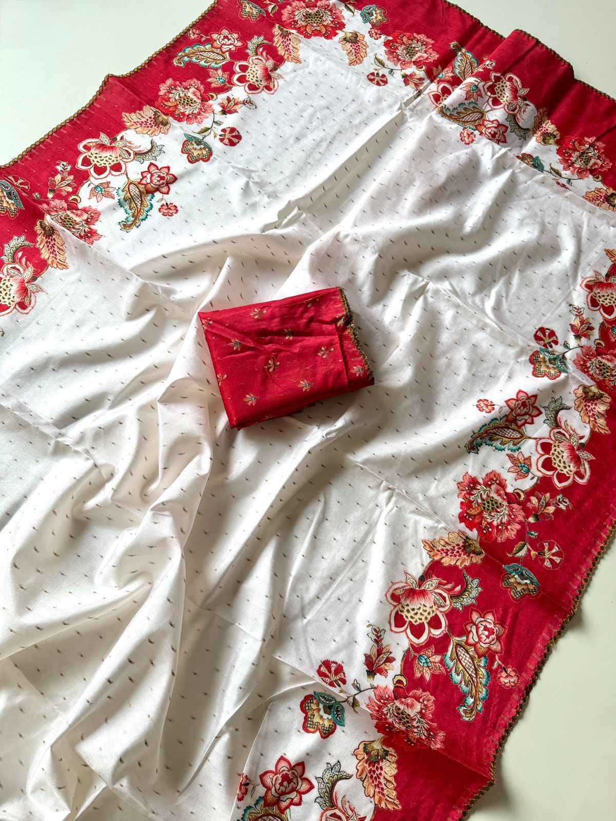 SOFT TUSSER SILK SILVER WEAVING BUTTI FLORAL DIGITAL PRINT SAREE AT WHOLESALE PRICE 