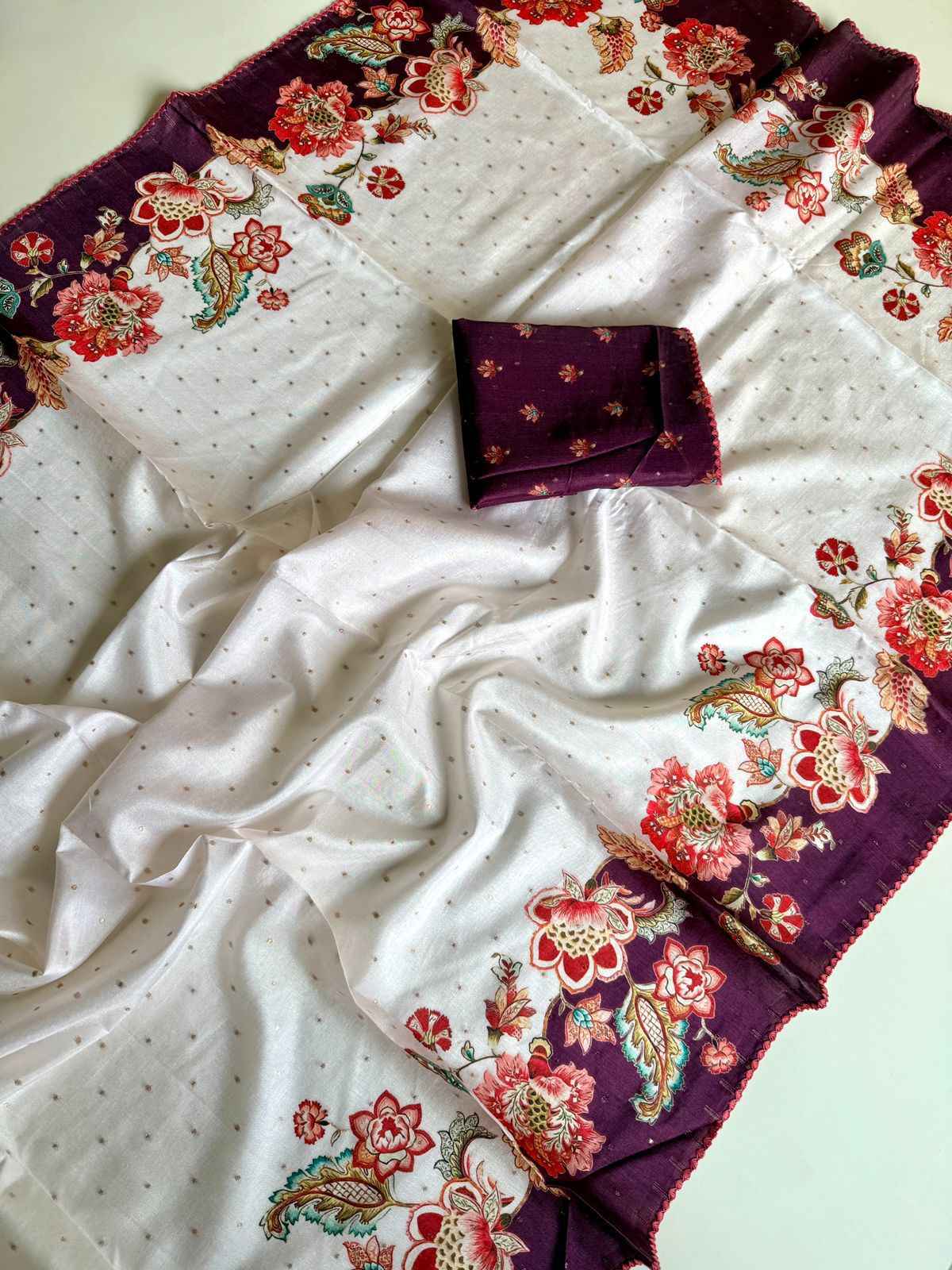 SOFT TUSSER SILK SILVER WEAVING BUTTI FLORAL DIGITAL PRINT SAREE AT WHOLESALE PRICE 