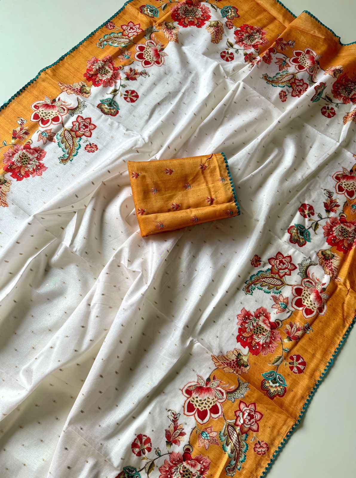 SOFT TUSSER SILK SILVER WEAVING BUTTI FLORAL DIGITAL PRINT SAREE AT WHOLESALE PRICE 