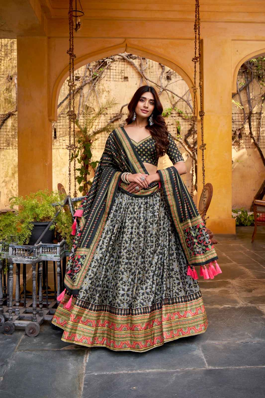  TASAR SILK ICONIC SPARKLE LACE BORDER LEHENGA CHOLI AT WHOLESALE PRICE 