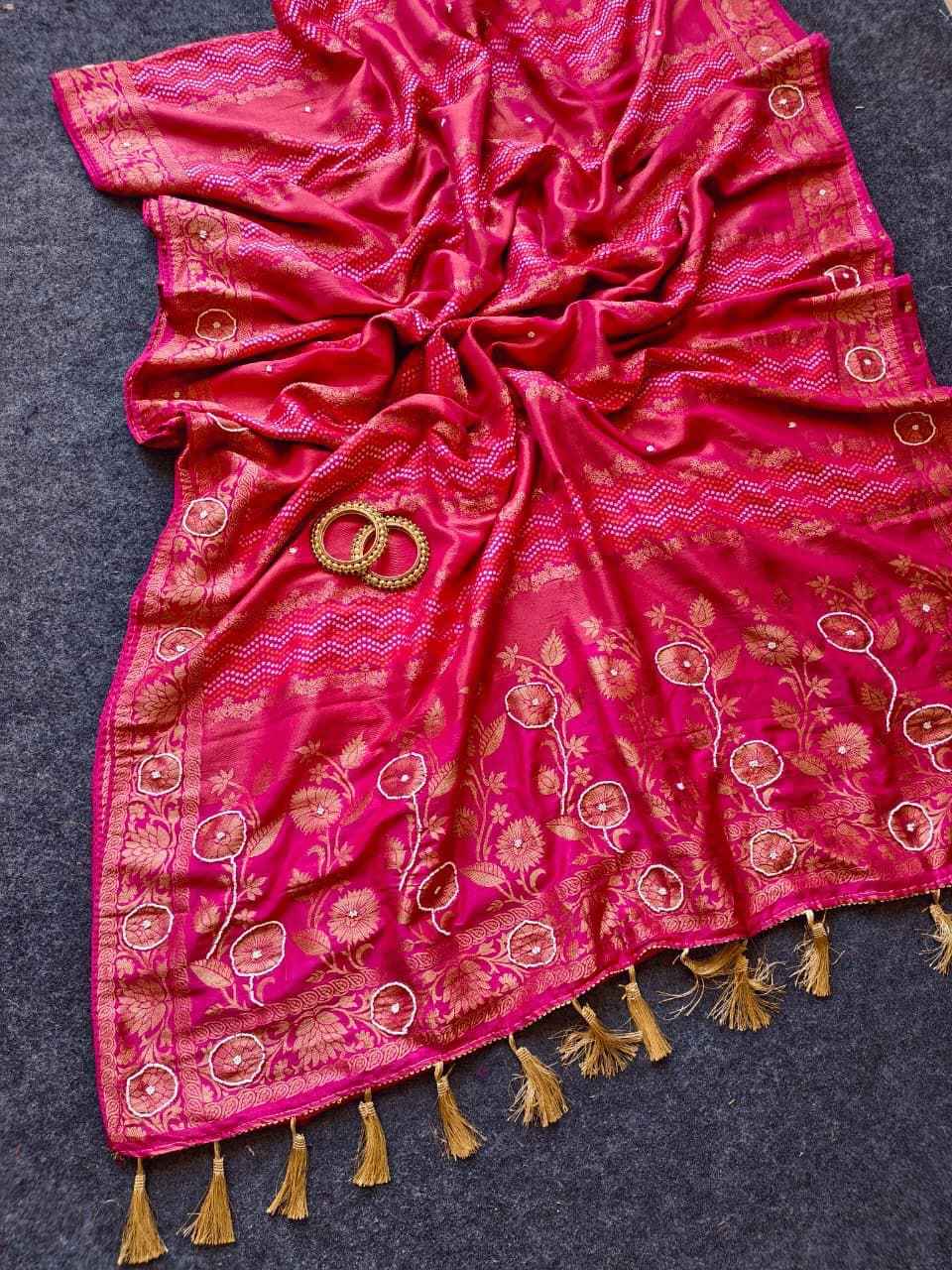 TISSUE RUSSIAN SILK MEENAKARI BANDHEJ WEAVING KHATLI WORK SAREE AT WHOLESALE PRICE