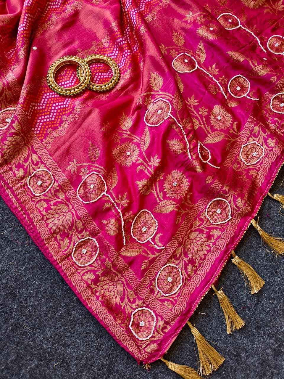 TISSUE RUSSIAN SILK MEENAKARI BANDHEJ WEAVING KHATLI WORK SAREE AT WHOLESALE PRICE