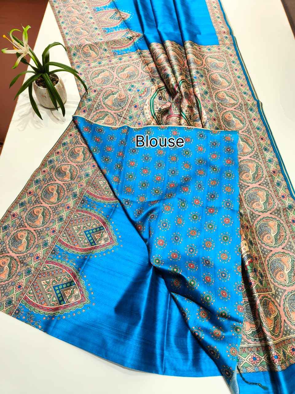 SOFT TUSSAR SILK MADHUBANI TRADITIONAL PRINTED SAREE 1 AT WHOLESALE PRICE