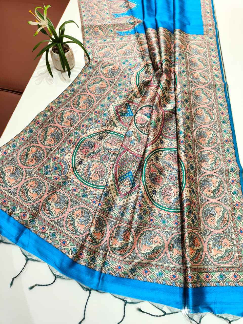SOFT TUSSAR SILK MADHUBANI TRADITIONAL PRINTED SAREE 1 AT WHOLESALE PRICE