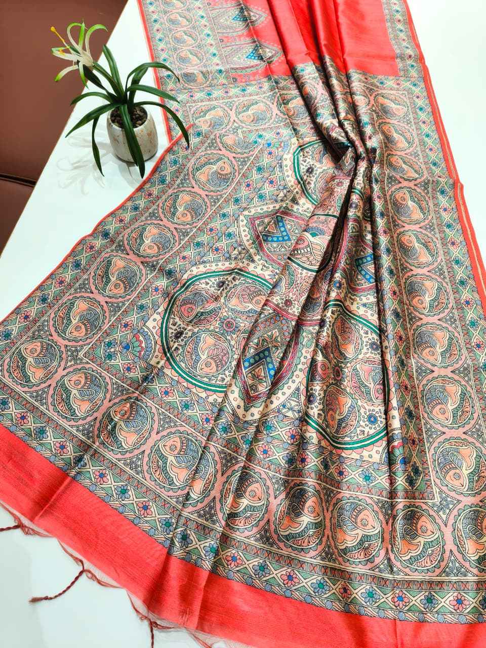 SOFT TUSSAR SILK MADHUBANI TRADITIONAL PRINTED SAREE 1 AT WHOLESALE PRICE