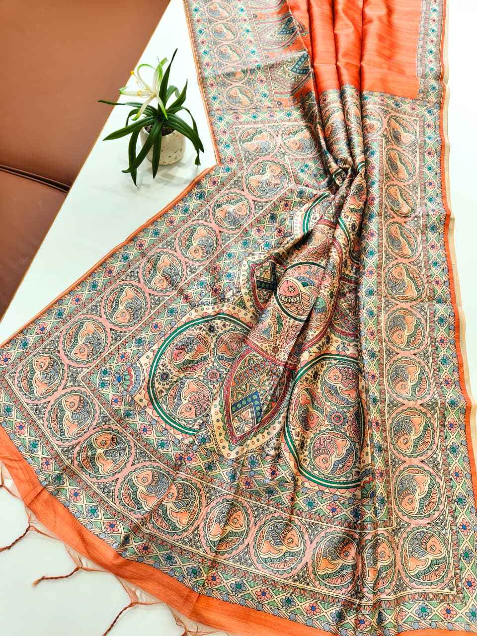 SOFT TUSSAR SILK MADHUBANI TRADITIONAL PRINTED SAREE 1 AT WHOLESALE PRICE
