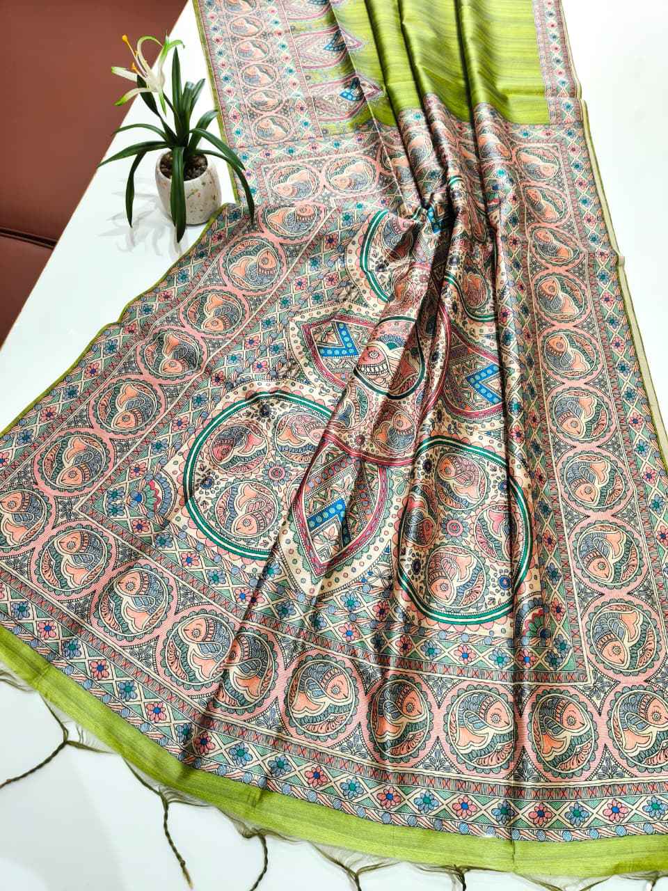 SOFT TUSSAR SILK MADHUBANI TRADITIONAL PRINTED SAREE 1 AT WHOLESALE PRICE