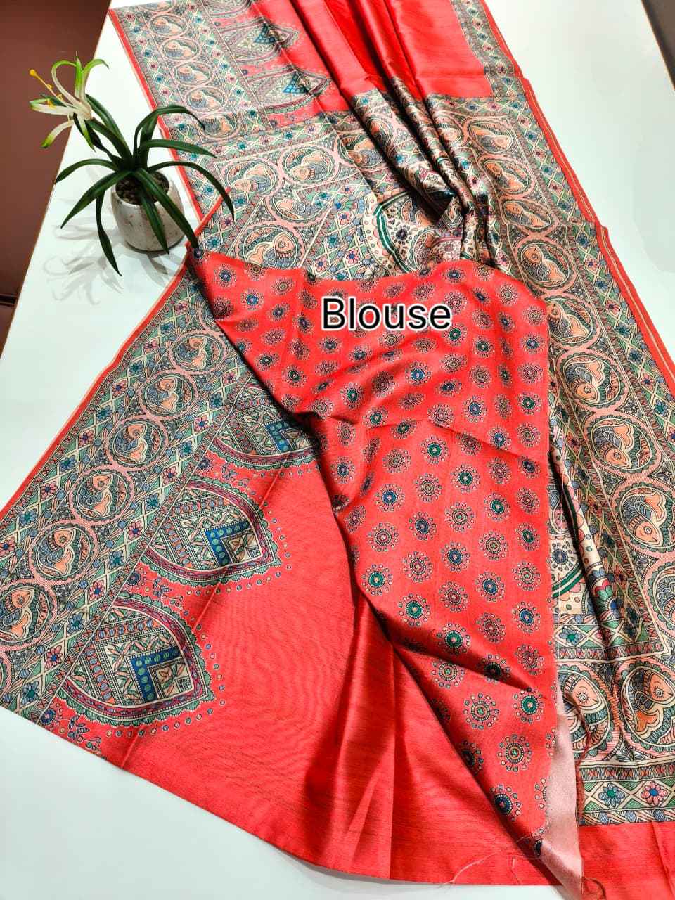 SOFT TUSSAR SILK MADHUBANI TRADITIONAL PRINTED SAREE 1 AT WHOLESALE PRICE