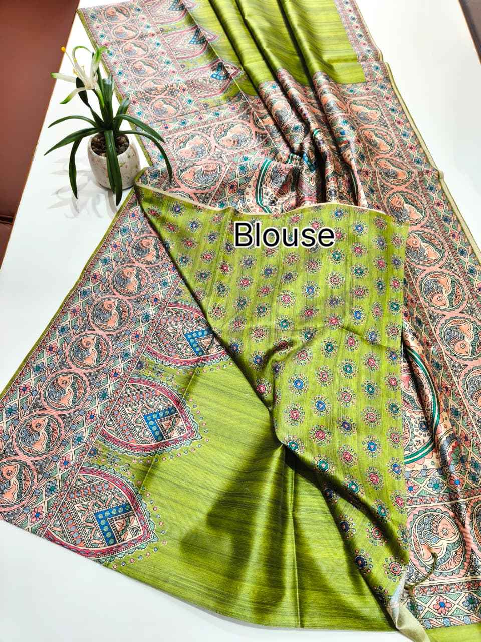 SOFT TUSSAR SILK MADHUBANI TRADITIONAL PRINTED SAREE 1 AT WHOLESALE PRICE