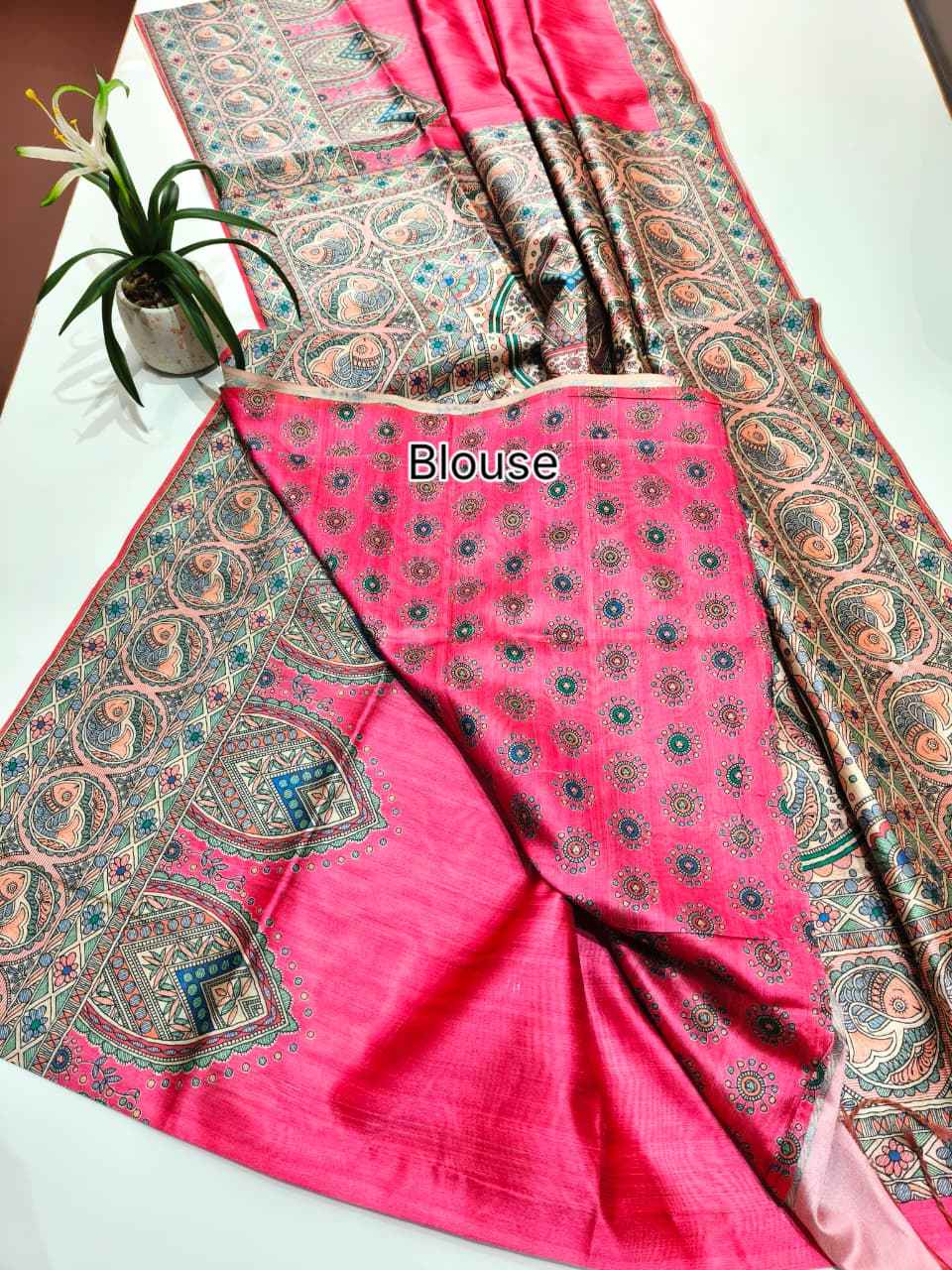 SOFT TUSSAR SILK MADHUBANI TRADITIONAL PRINTED SAREE 1 AT WHOLESALE PRICE