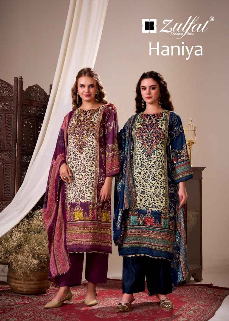 ZULFAT HANIYA PURE JAM COTTON SATIN EXCLUSIVE DESIGNER DRESS MATERIAL AT WHOLESALE PRICE
