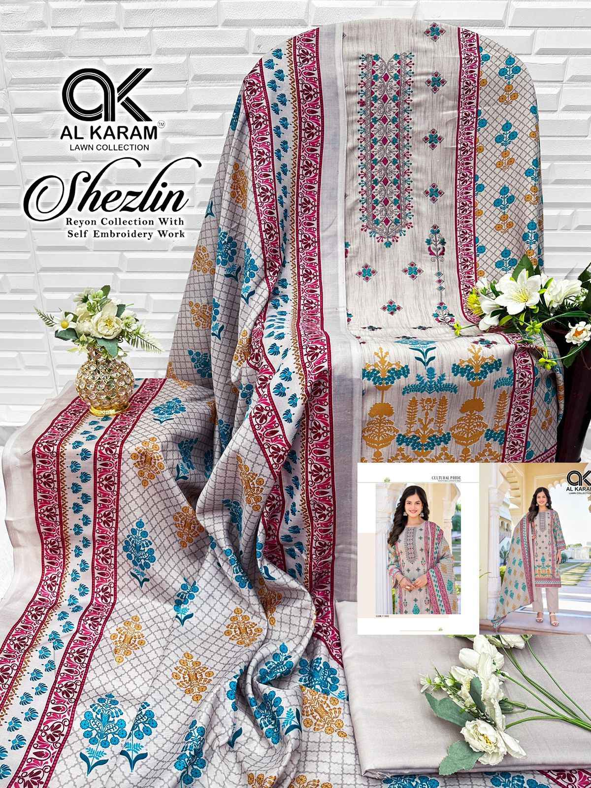 AL KARAM SHEZLIN HEAVY RAYON WITH SELF EMBROIDERY WORK DRESS MATERIAL AT WHOLESALE PRICE