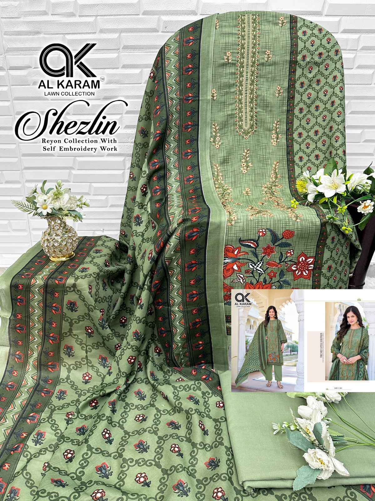 AL KARAM SHEZLIN HEAVY RAYON WITH SELF EMBROIDERY WORK DRESS MATERIAL AT WHOLESALE PRICE