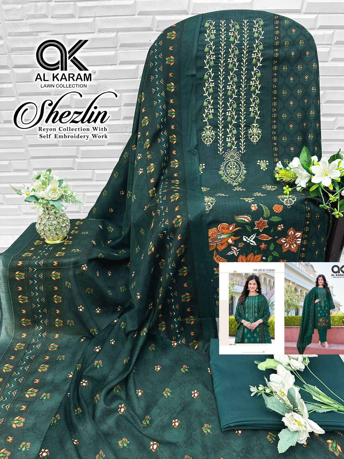 AL KARAM SHEZLIN HEAVY RAYON WITH SELF EMBROIDERY WORK DRESS MATERIAL AT WHOLESALE PRICE