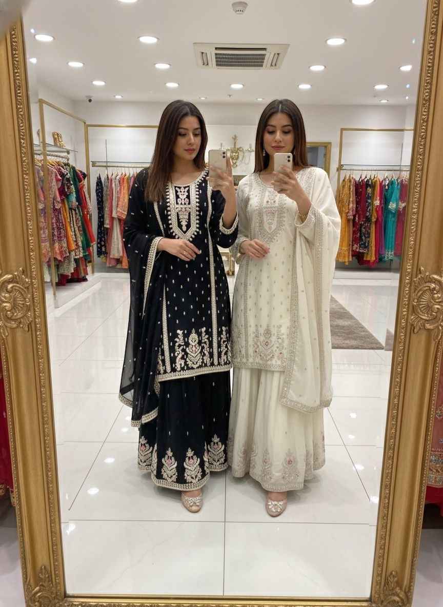 CHINON SILK EMBROIDERY MULTI THREAD WORK READYMADE SUIT AT WHOLESALE PRICE