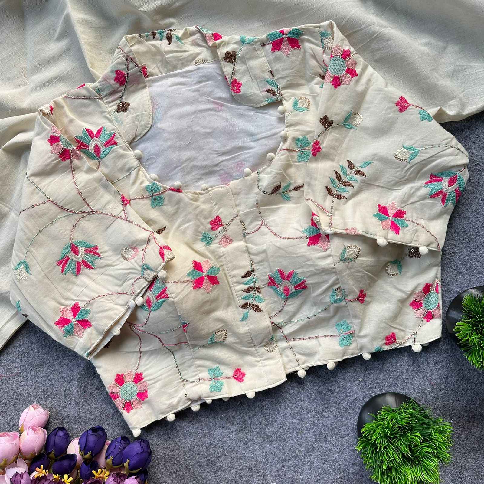 PURE CAMRIC KHADI COTTON EMBROIDERY READYMADE BLOUSE AT WHOLESALE PRICE