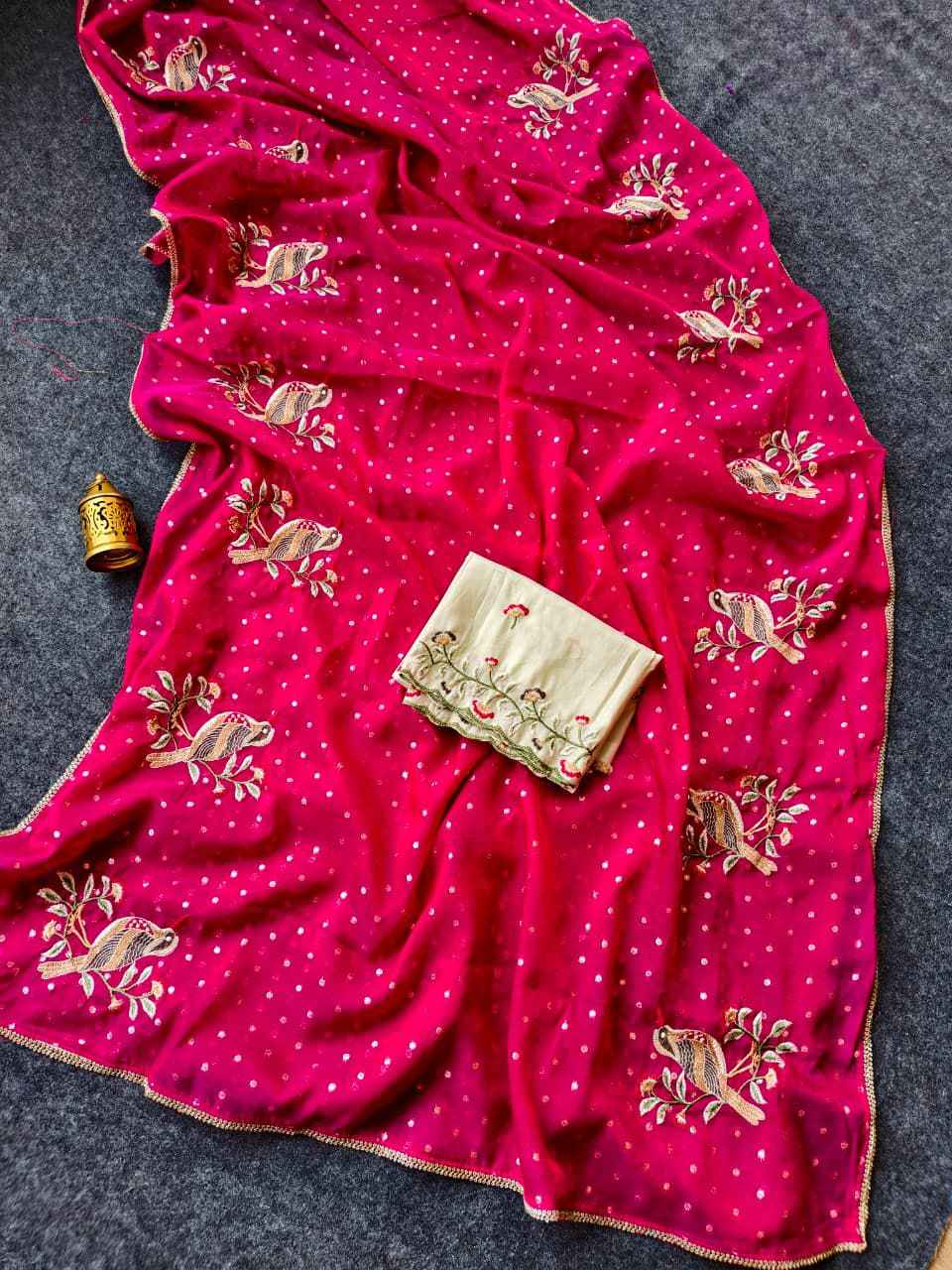 PURE CHIFFON DESIGNER BIRDS EMBROIDERY WORK SAREE AT WHOLESALE PRICE