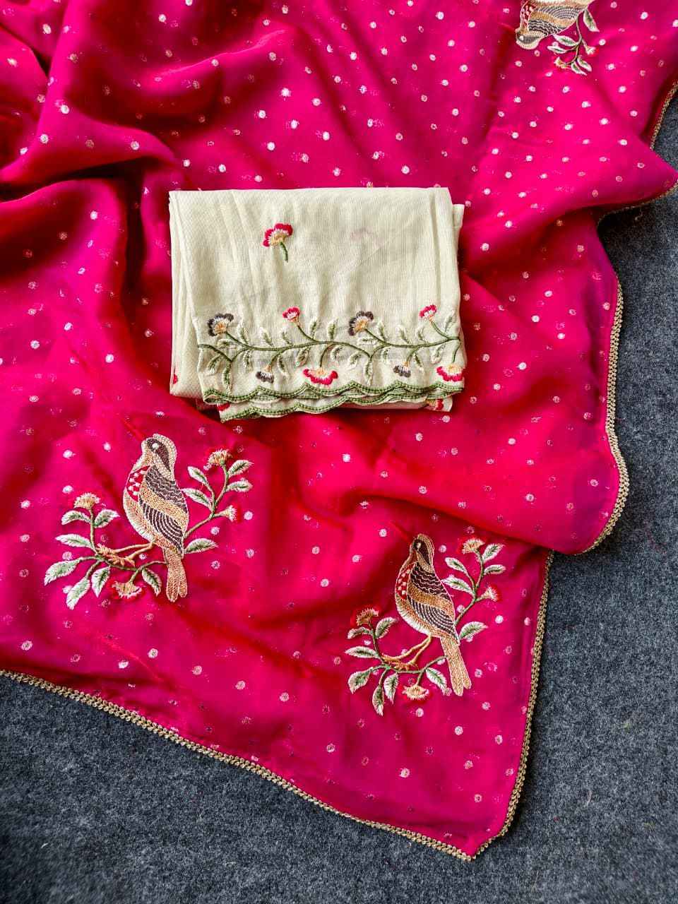 PURE CHIFFON DESIGNER BIRDS EMBROIDERY WORK SAREE AT WHOLESALE PRICE