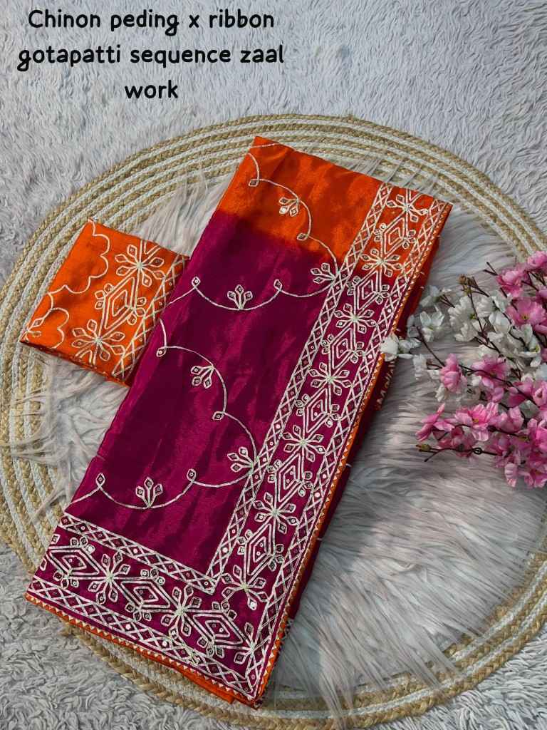 SOFT CHINON PEDING RIBBON GOTAPATTI ZAAL WORK SAREE AT WHOLESALE PRICE 