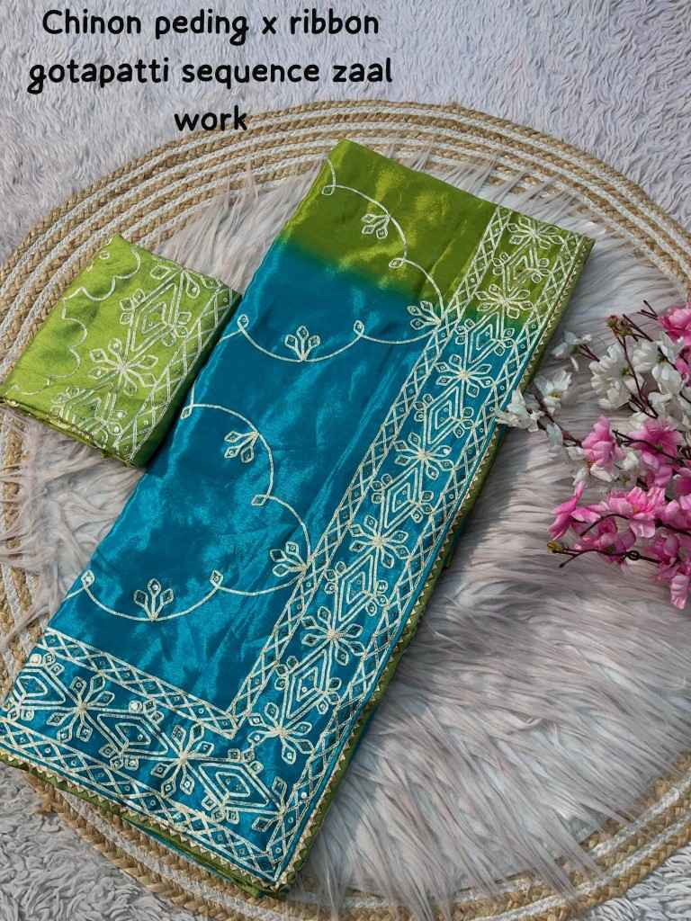 SOFT CHINON PEDING RIBBON GOTAPATTI ZAAL WORK SAREE AT WHOLESALE PRICE 