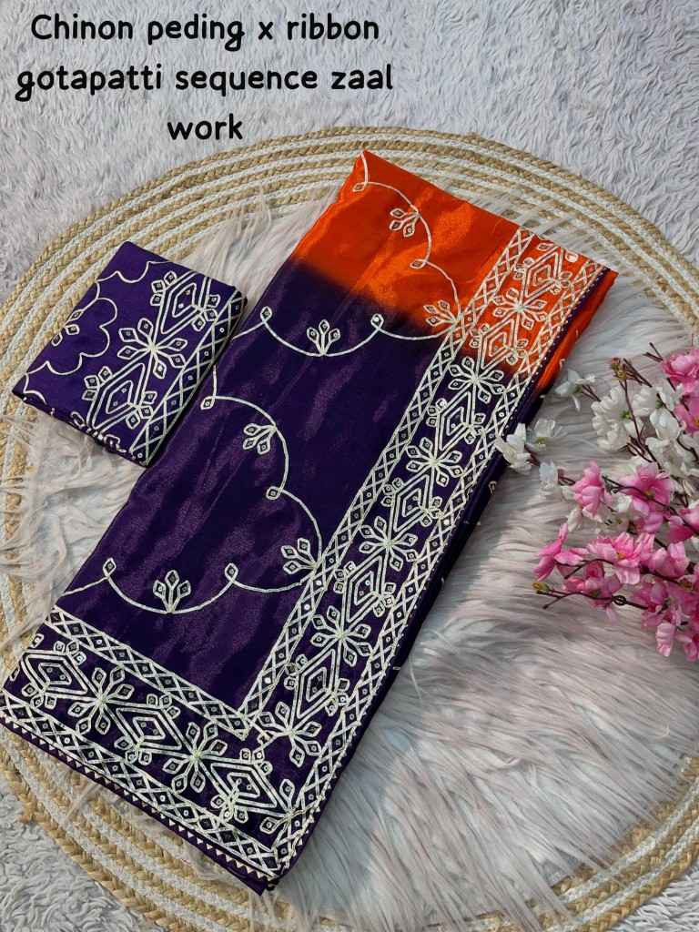 SOFT CHINON PEDING RIBBON GOTAPATTI ZAAL WORK SAREE AT WHOLESALE PRICE 