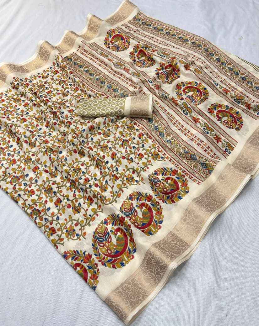 DOLA SILK KALAMKARI PRINT JACQUARD BORDER SAREE 1 AT WHOLESALE PRICE  