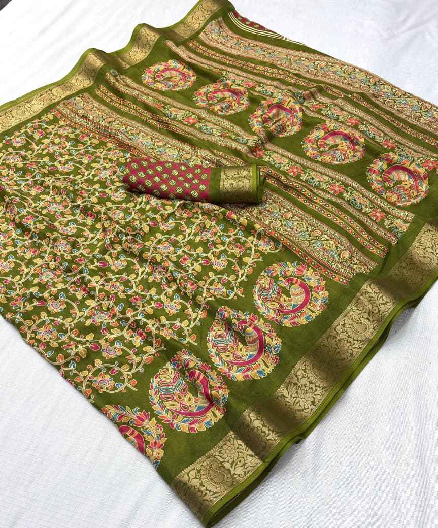 DOLA SILK KALAMKARI PRINT JACQUARD BORDER SAREE 1 AT WHOLESALE PRICE  