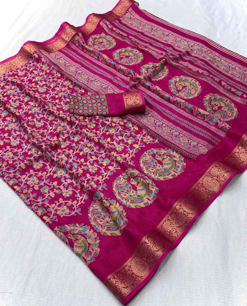 DOLA SILK KALAMKARI PRINT JACQUARD BORDER SAREE 1 AT WHOLESALE PRICE  