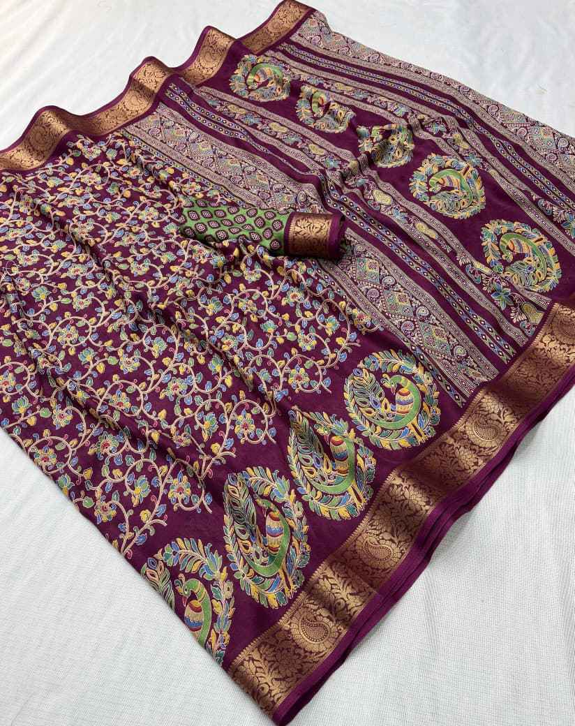 DOLA SILK KALAMKARI PRINT JACQUARD BORDER SAREE 1 AT WHOLESALE PRICE  