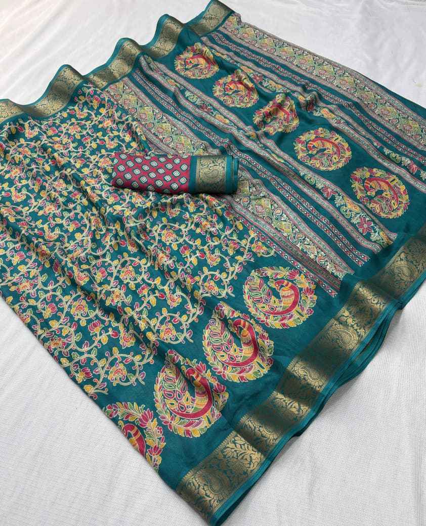 DOLA SILK KALAMKARI PRINT JACQUARD BORDER SAREE 1 AT WHOLESALE PRICE  