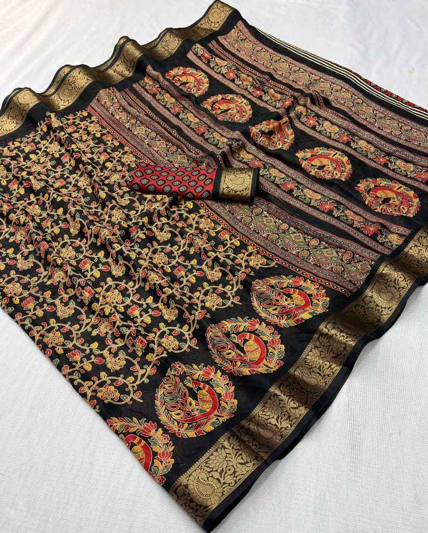 DOLA SILK KALAMKARI PRINT JACQUARD BORDER SAREE 1 AT WHOLESALE PRICE  