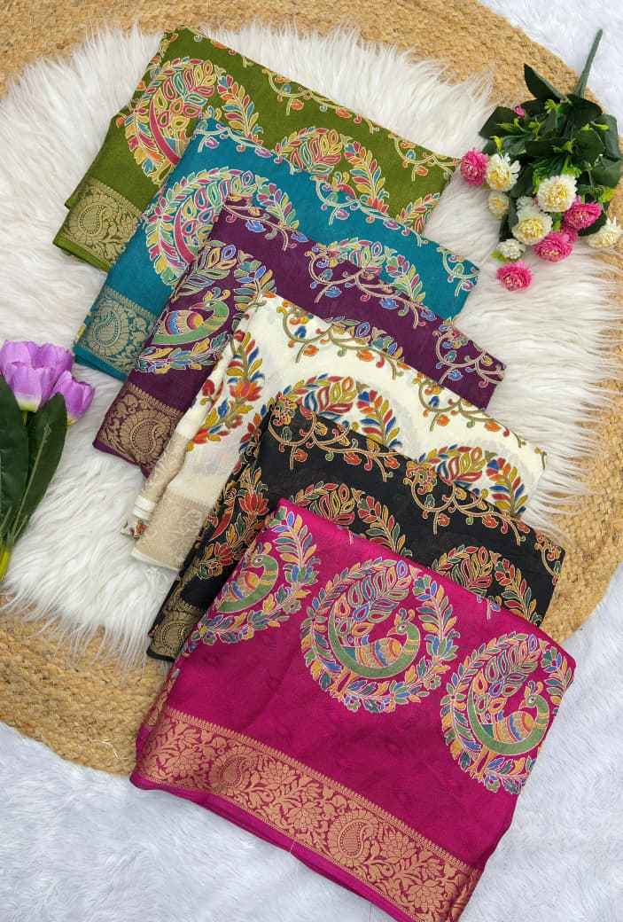 DOLA SILK KALAMKARI PRINT JACQUARD BORDER SAREE 1 AT WHOLESALE PRICE  