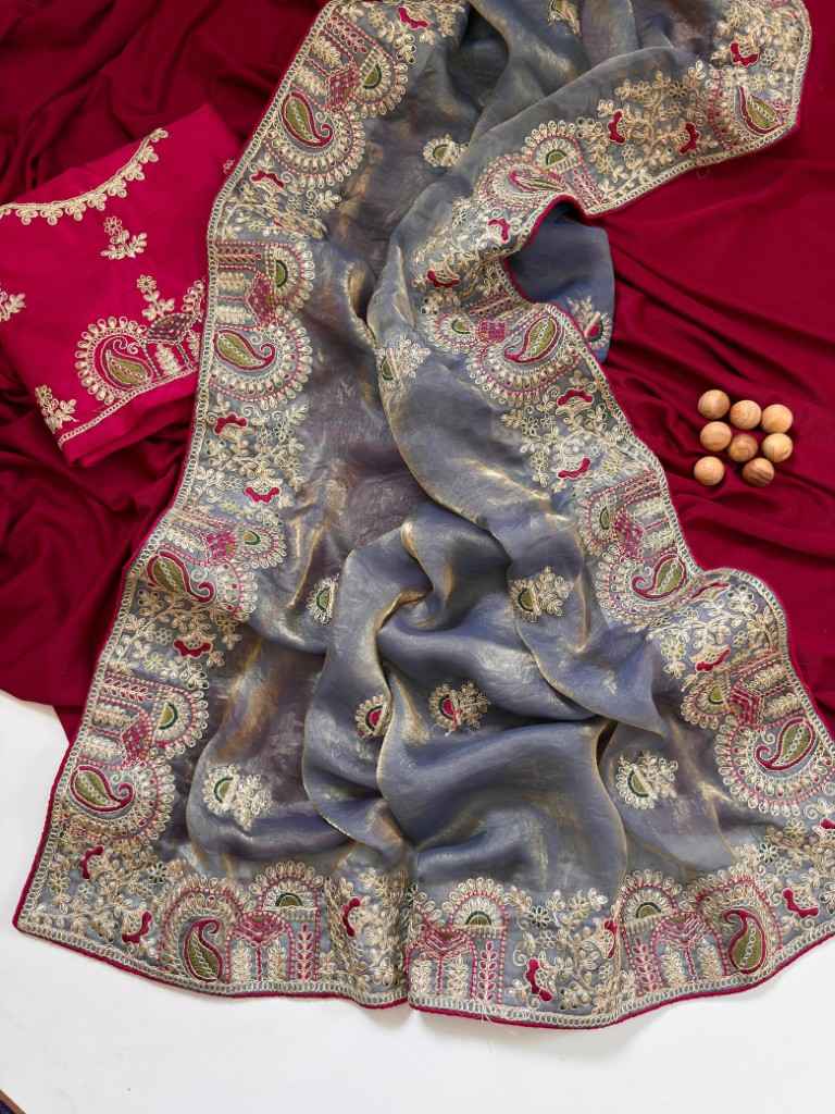 FANDY SATTIN SILK FLORAL EMBROIDERED SAREE AT WHOLESALE PRICE 