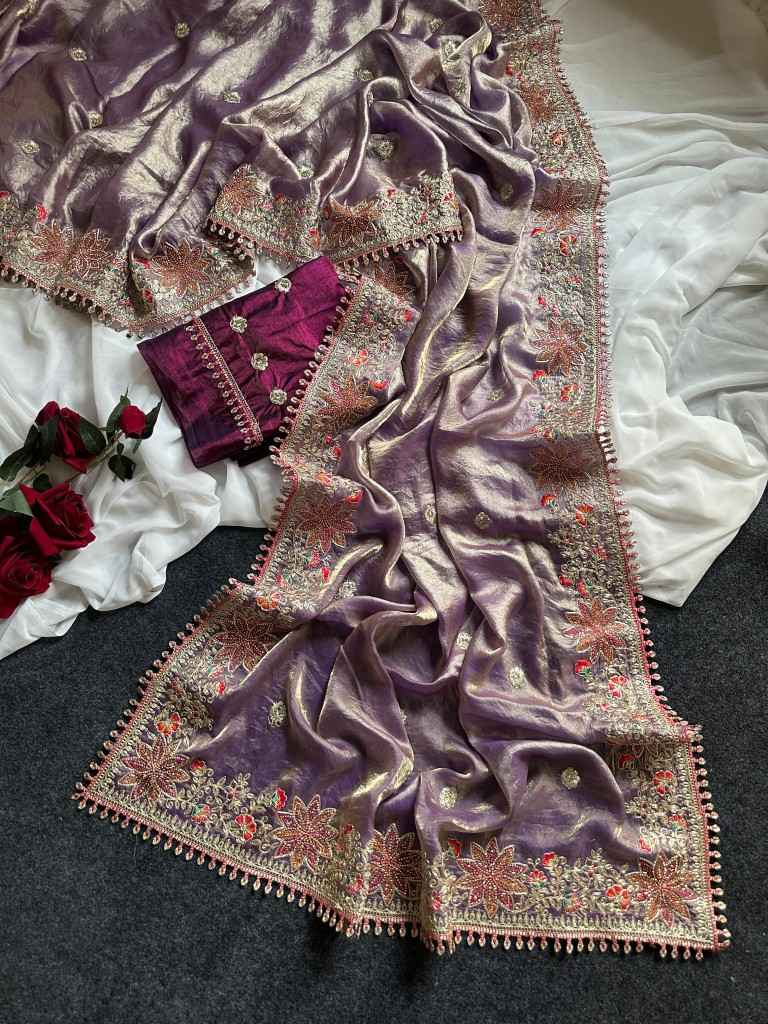 FANDY SATTIN SILK FLORAL EMBROIDERY WORK SAREE AT WHOLESALE PRICE