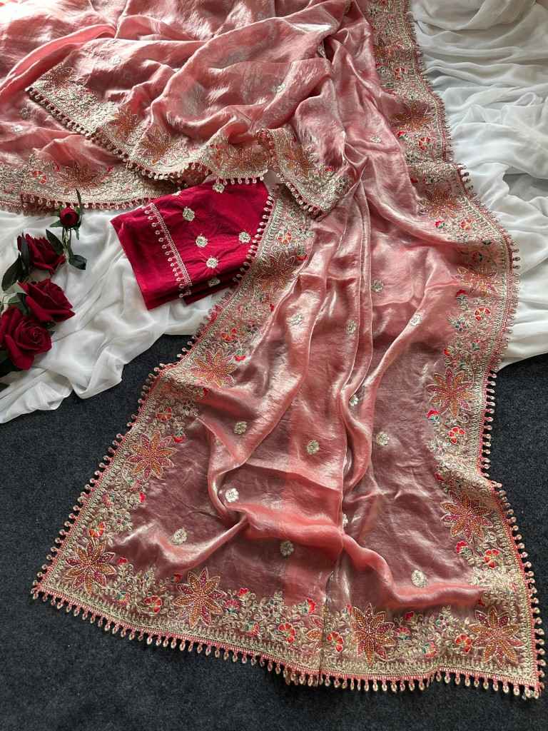 FANDY SATTIN SILK FLORAL EMBROIDERY WORK SAREE AT WHOLESALE PRICE