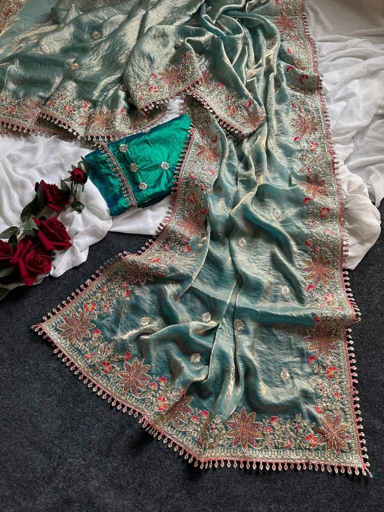 FANDY SATTIN SILK FLORAL EMBROIDERY WORK SAREE AT WHOLESALE PRICE